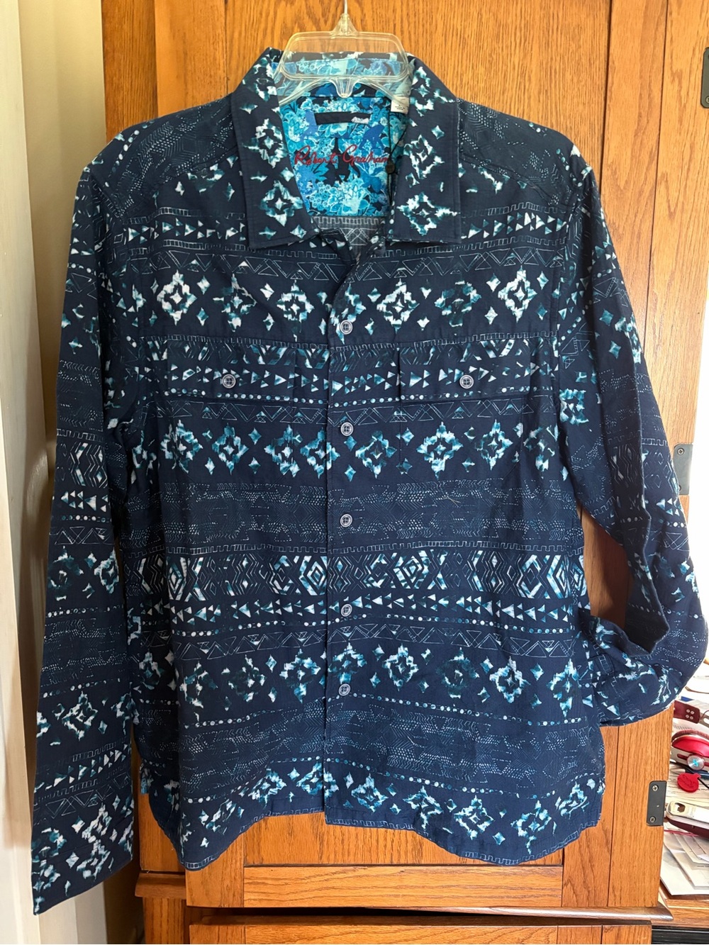 Robert Graham Navy Blue and Teal Patterned Button Down Shirt